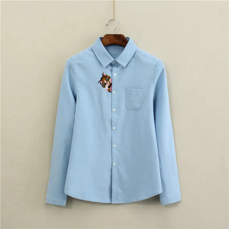 

Blue White Cat Embroidery Cotton Shirt Women Preppy Style Turn Down Collar Long Sleeve Stitchwork Top Spring Autumn Clothes XL L