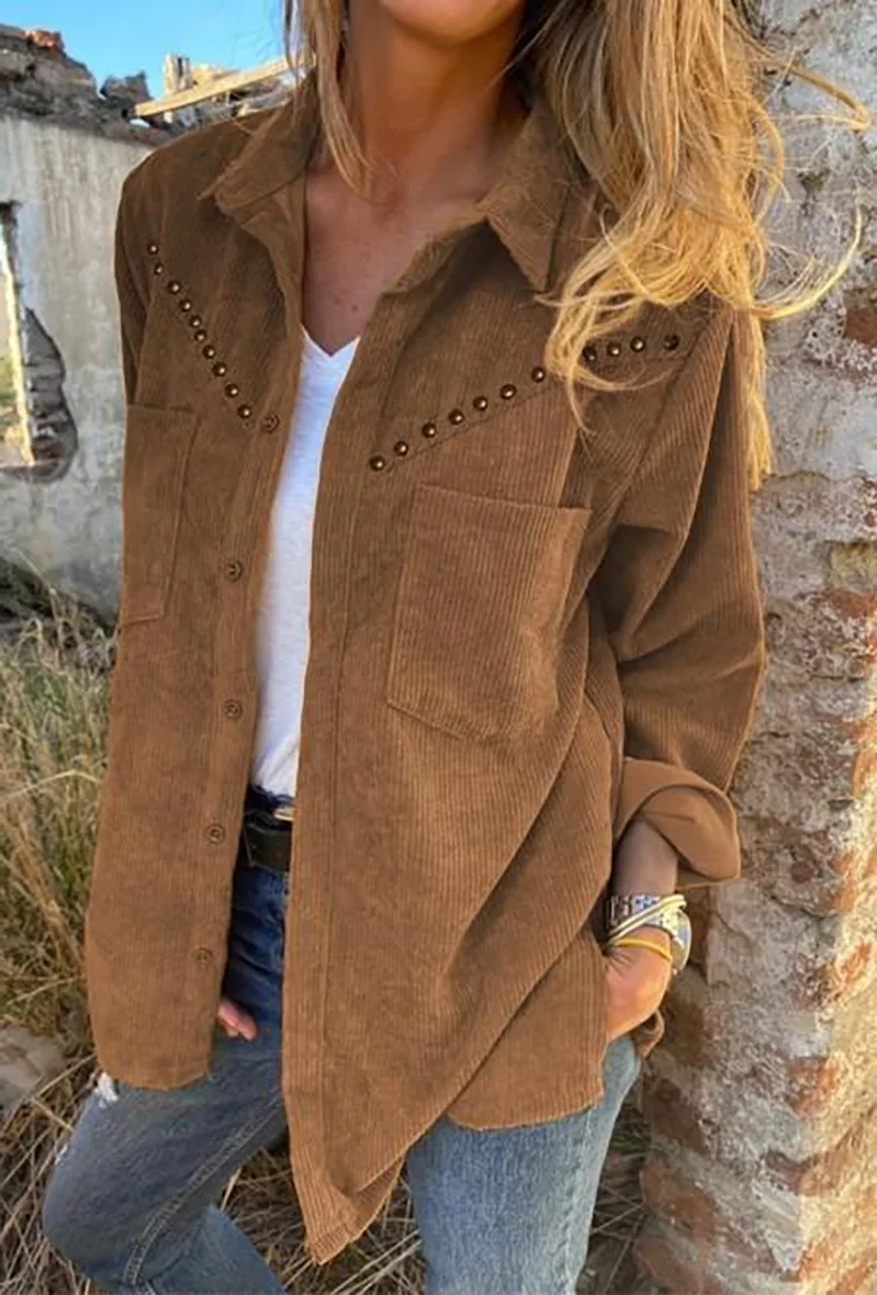 

New fall/winter 2021 corduroy single-breasted rivets Long-sleeve button pocket blouse blouse for women
