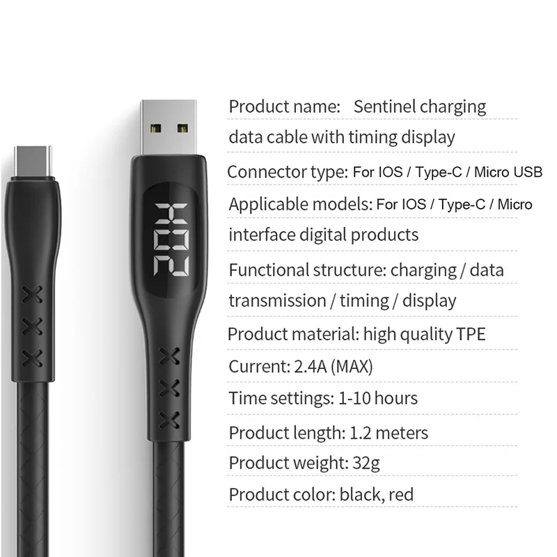USB-кабель для зарядки URVNS Type C/Micro/IOS с таймером дисплей синхронизация данных таймер