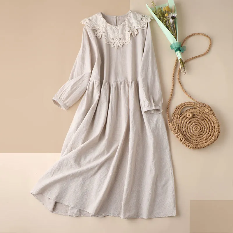 

Shuchan Spring/Autumn 2021 Linen Vintage Maxi Dresses for Women Mid-Calf A-Line Solid Clothing Women Long Sleeve