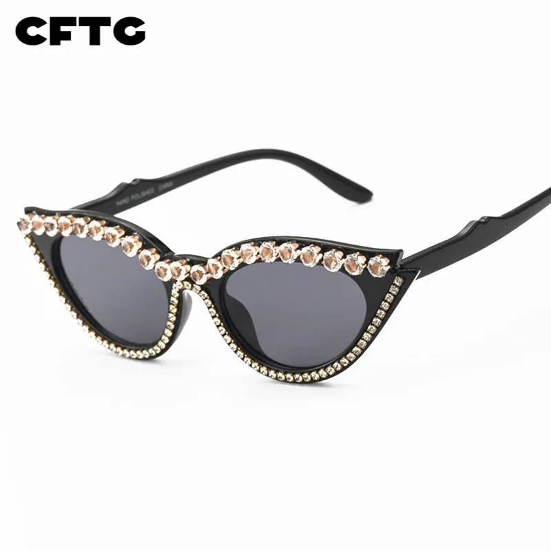 Женские солнцезащитные очки кошачий глаз винтажные без оправы стразы яркие