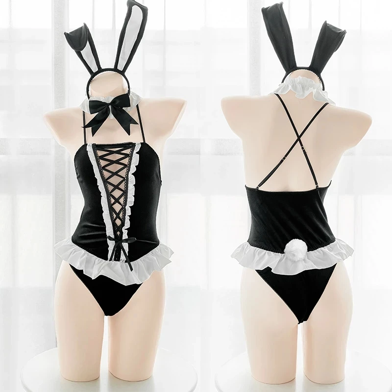 

Sexy lingerie sexy lace sling one-piece suit ruffled cross hollow rabbit lang uniform set cosplay temptation sexy one-piece suit