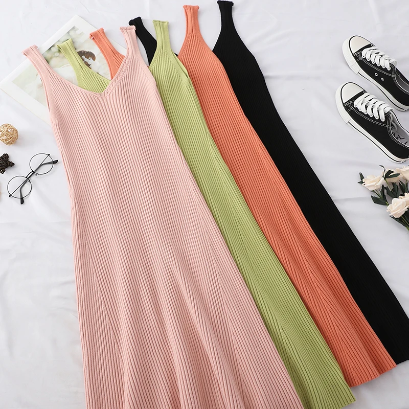 Женское трикотажное платье-свитер с V-образным вырезом | Женская одежда