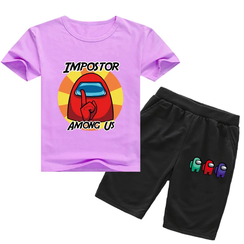 

2021 Summer Short-sleeved Suit Among Us Cartoon T-shirt + Shorts Set Anime Pattern Impostors Boys and Girls Fashion Tops