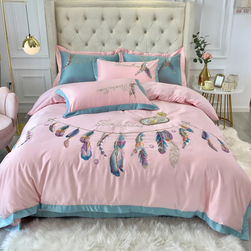 

New Pink Nordic Style Feather Embroidery Bedding Set Satin Silk Cotton Double Duvet Cover Set Bed Linen Pillowcases Home Textile