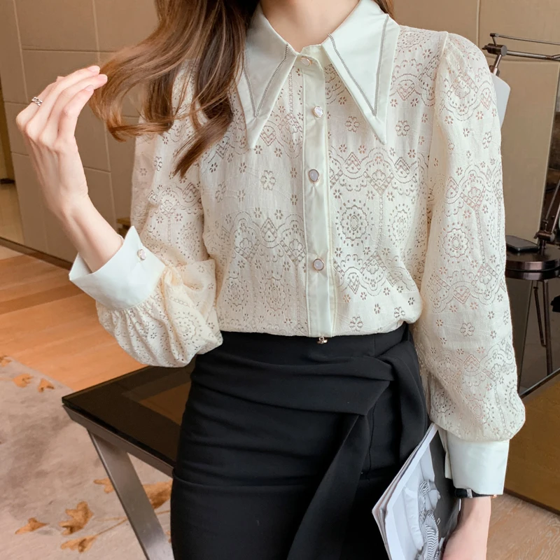 

Chiffon Women's Blouse Polo Girl's Shirt Summer Fashion Long Sleeve Top Loose Casual Clothing Print Lady Blusas Houthion