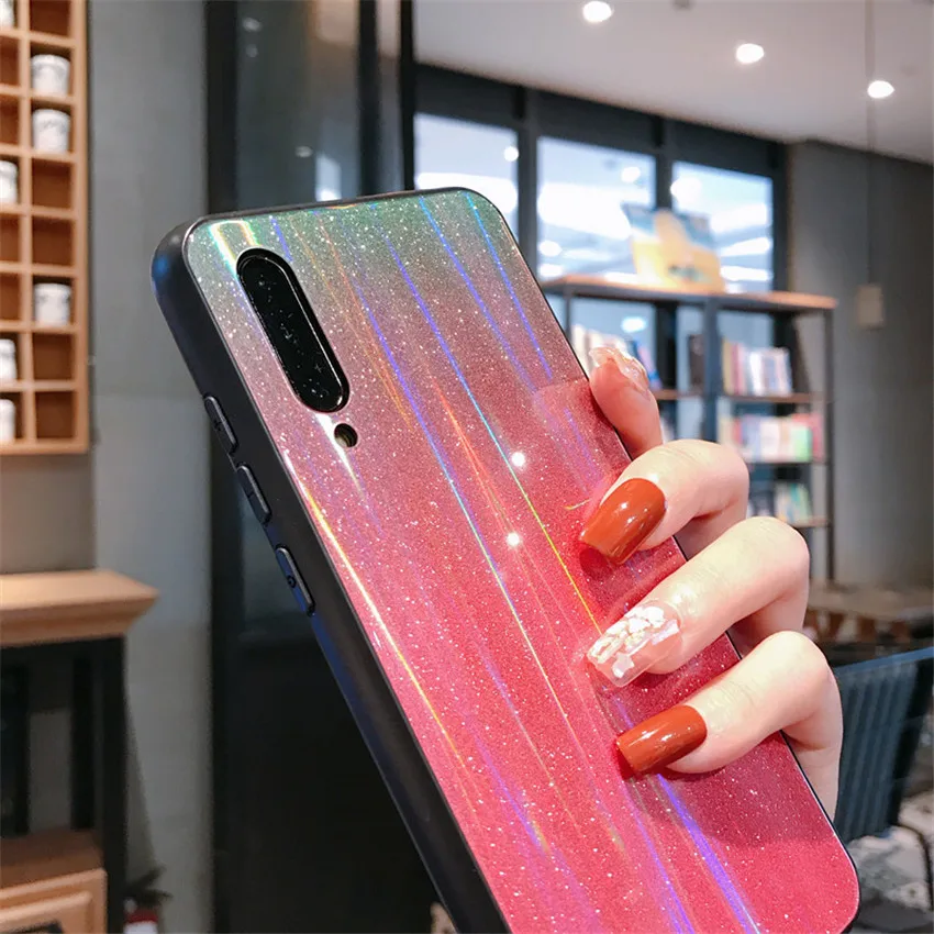 Чехол с лазерным градиентом и блестками для Xiao mi Red mi K20 Pro mi CC9 жесткая защитная задняя крышка из закаленного стекла для Red mi note 7 7A NOTE 8