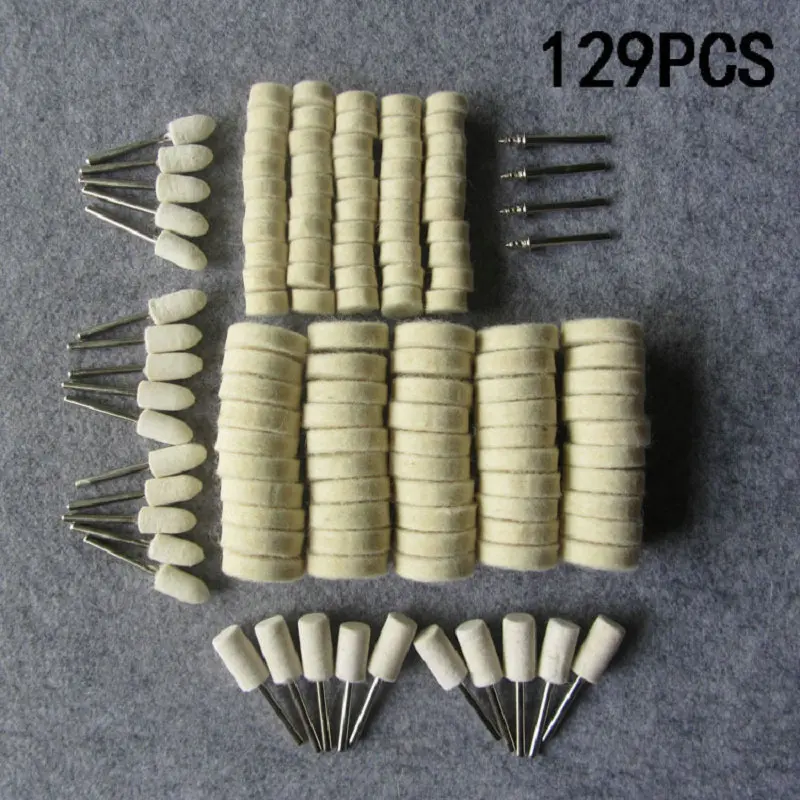 

129 шт. Белый Высококачественный войлочный полировальный диск, Вращающийся набор инструментов DREMEL из шерсти и пластика, идеальная очистка и ...