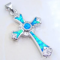 lucky symbol silver color filled blue imitation fire opal cross pendants necklaces for women wedding jewelry gift lovers gift