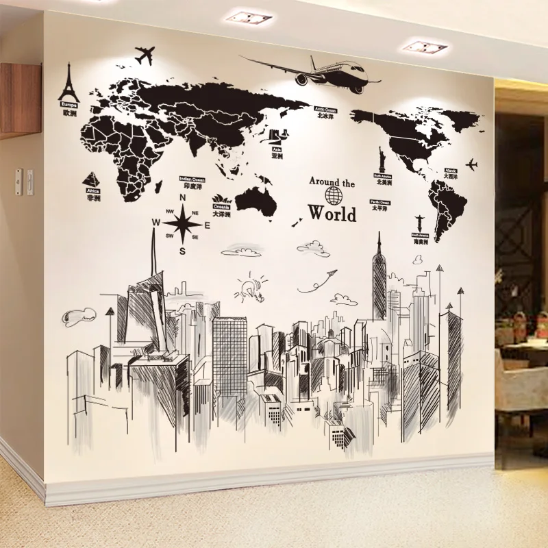 

World Map Wall Stickers Home Office Decor Buildings Mural Decals for Living Room Muurstickers Accessories Wallstickers