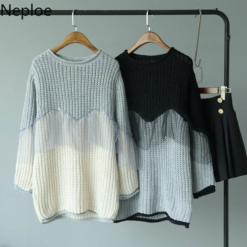 Neploe Лоскутная Сетка контрастный цвет оборки пуловер свитер для женщин О-образный