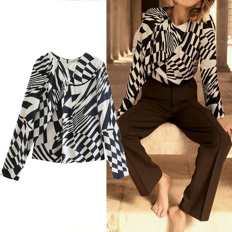 

Za Women Shirt 2021 Fashion Printing Blouses Vintage Pleated Long Sleeve O neck Casual Slim Female Shirts Blusas Chic Tops