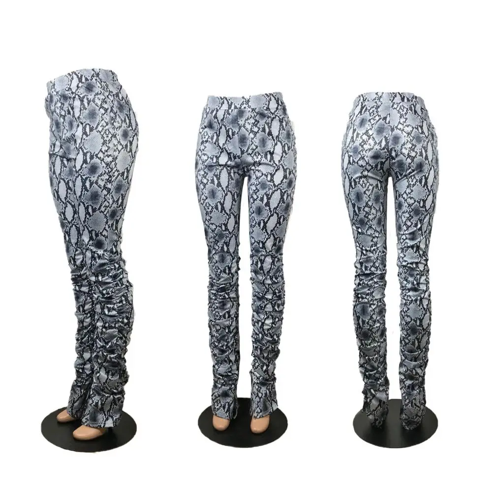 

2020 new fashion women pants snake skin printed sexy skinny trousers high waist ruched stacked legging sweatpants streetwear