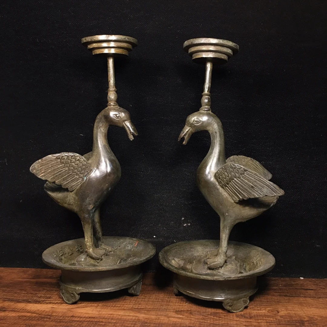 

Chinese Folk Collection Old Bronze Cinnabar Lacquer Suzaku statue Duck Wax table A pair Candlestick Office Ornaments Town House