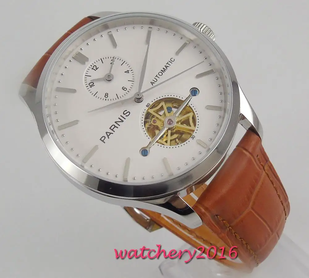 Мужские наручные часы PARNIS GMT с белым циферблатом и кожаным ремешком 43 мм|Мужские