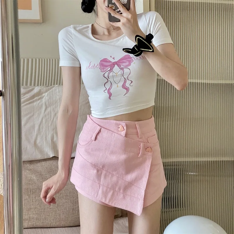 

2021 Summer korean style Pink Butterfly Print Slim Short Sleeve t-shirt Womens Cropped tops Tees shirt femme (N0109)