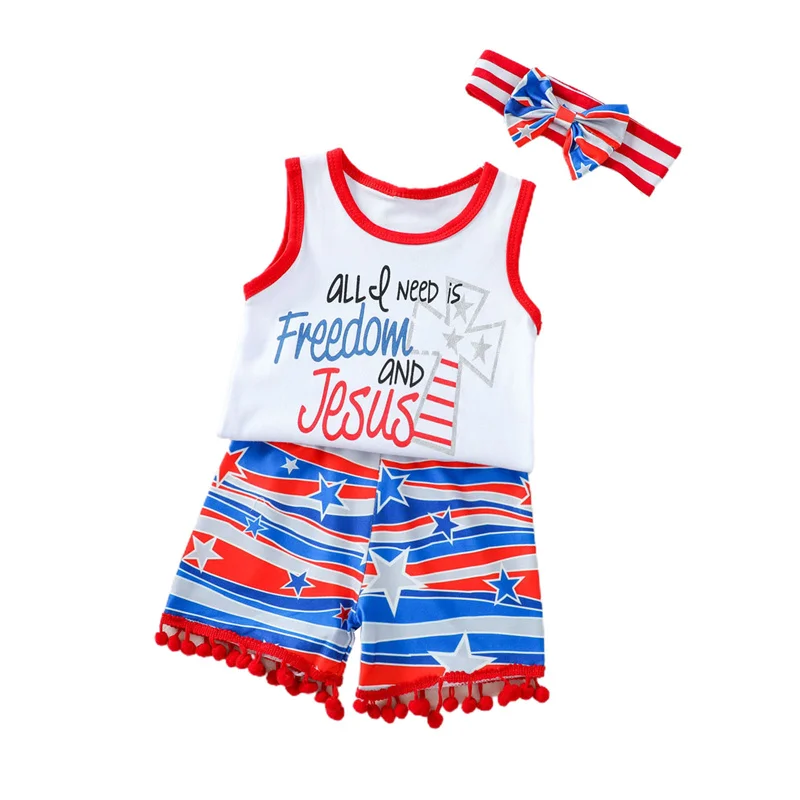 

3 предмета в комплекте для девочек День Независимости модная одежда без рукавов с надписью Топы + Полосатая юбка-баллон из плюша с коротким б...