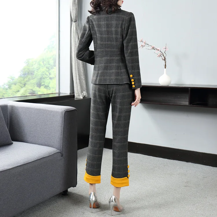 Vogue of new of autumn winters commuter plaid suit color matching collar suit collect waist feet nine minutes of pants