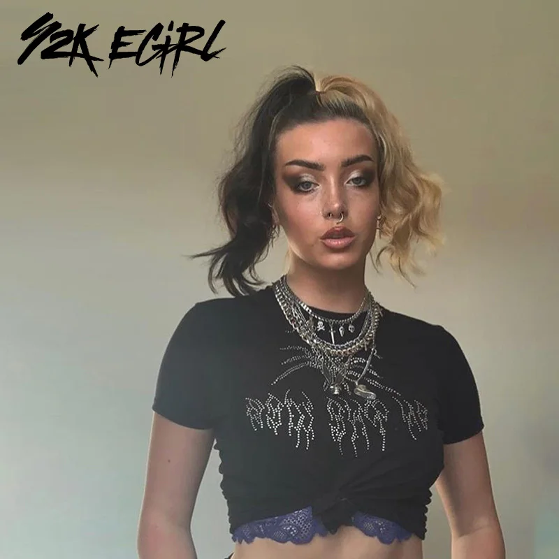 

Y2K EGIRL Mall Goth Y2K Rhinestone Black T-shirta E-girl Aesthetics Spider Graphic O-neck Short Sleeve Crop Tops Slim Streetwear
