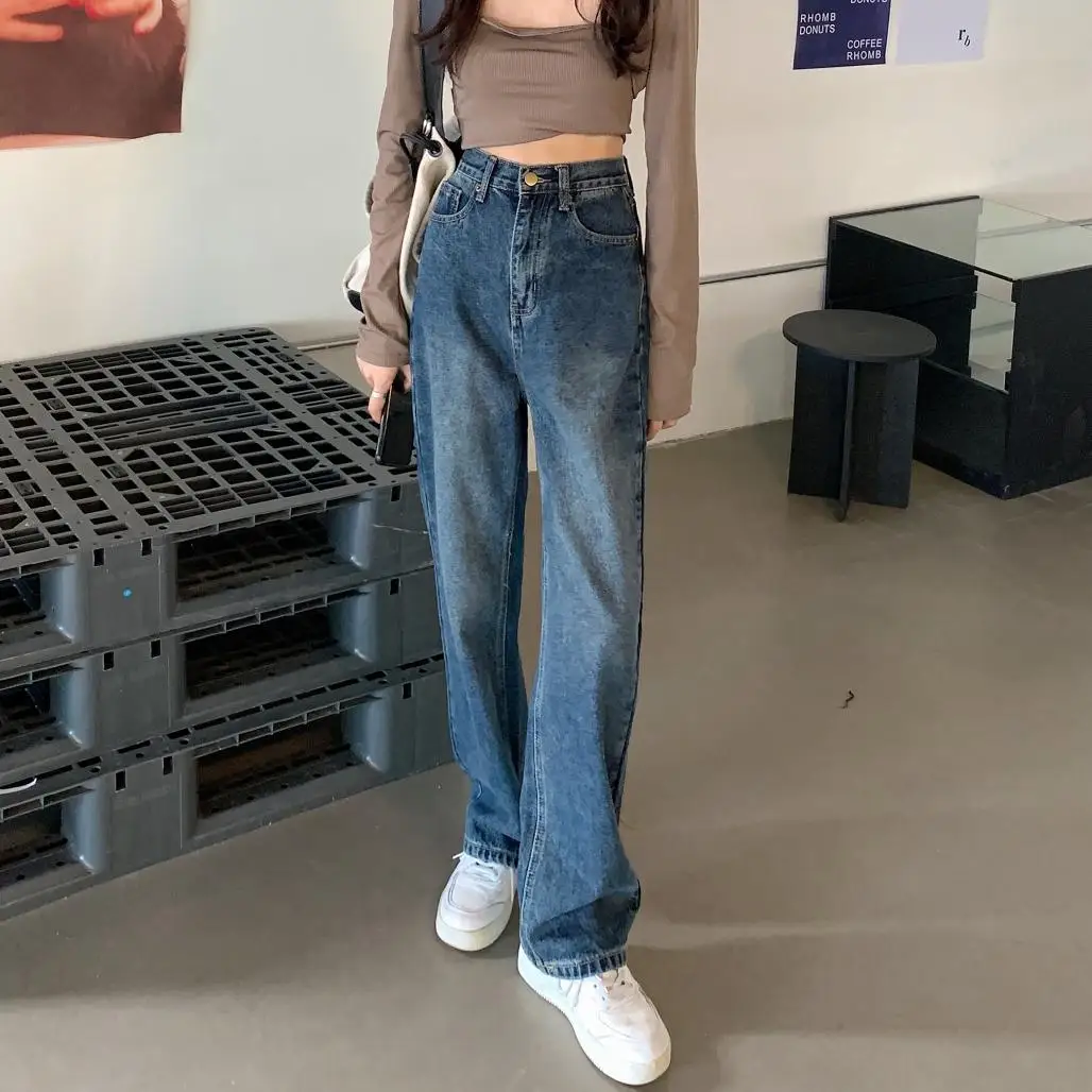 

Women Jeans Straight-Leg Pants Autumn High Waist Denim Trouser Fall 2021 Casual High Street Clothes Fashion Retro Trousers