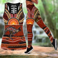aboriginal kangaroo running australia art combo legging tank suit yoga fitness soft legging summer women for girl