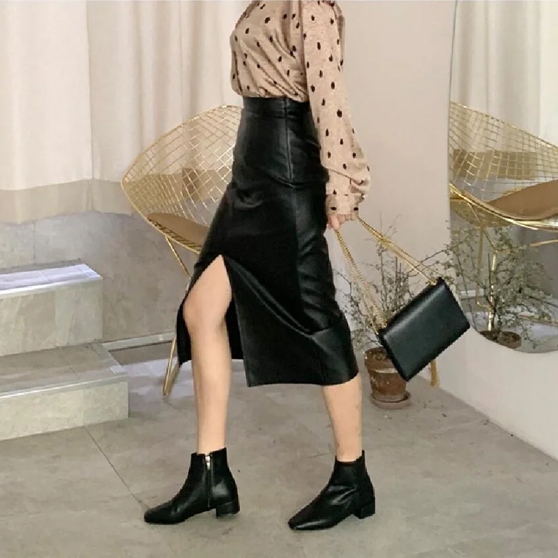 Autumn and winter women's skirt casual solid color faux leather | Женская одежда