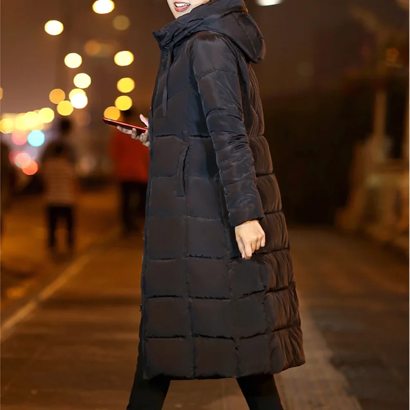 

Long Hooded Women Quilted Parkas Black Thickened Female Coat Jacket Winter Solid Padded Ladies Outerwear