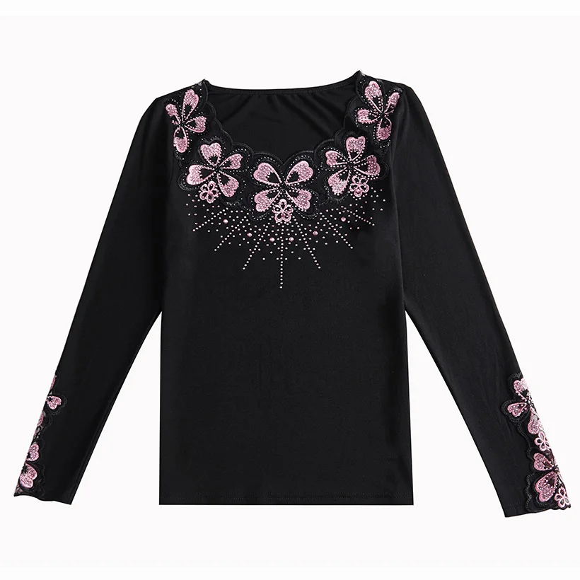 Blusas mujer de moda, Осенние сетчатые топы с длинными рукавами и вышивкой, модная Повседневная Блузка с бриллиантами, рубашка, большие размеры