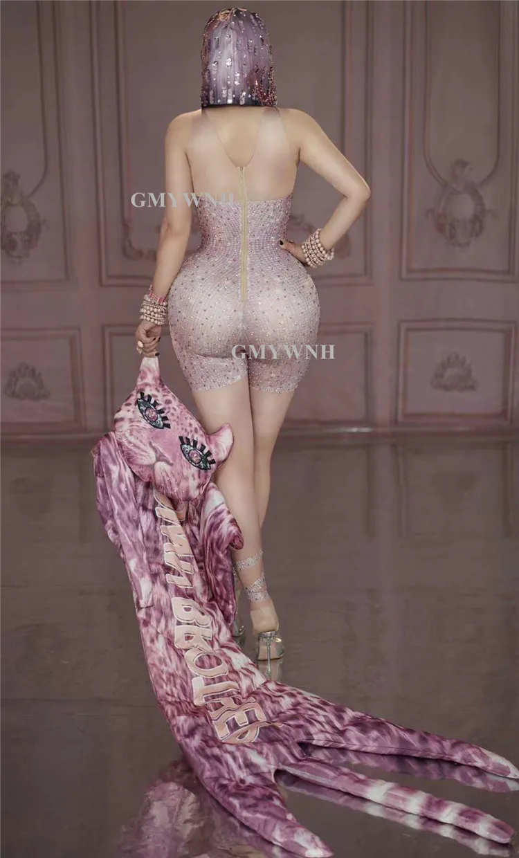Женское боди для танцев Стразы T65 розовое костюм певицы с кристаллами одежда