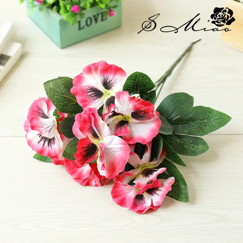 Rose red 5 вилок, искусственный цветок, шелк, анютины глазки, фаленопсис, искусственная Орхидея, цветок, вечерние, свадебные украшения, украшение для дома, отеля, офиса, бабочка - Цвет: Rose red