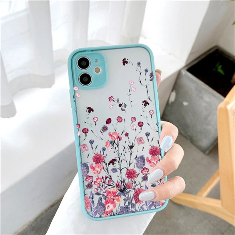 For iPhone 13 12 Pro Max 11 14 Pro Max 7 8 Plus X XR XS Max 12 Mini SE Fashion Pretty Cute Flowers Transparent Matte Back Cover