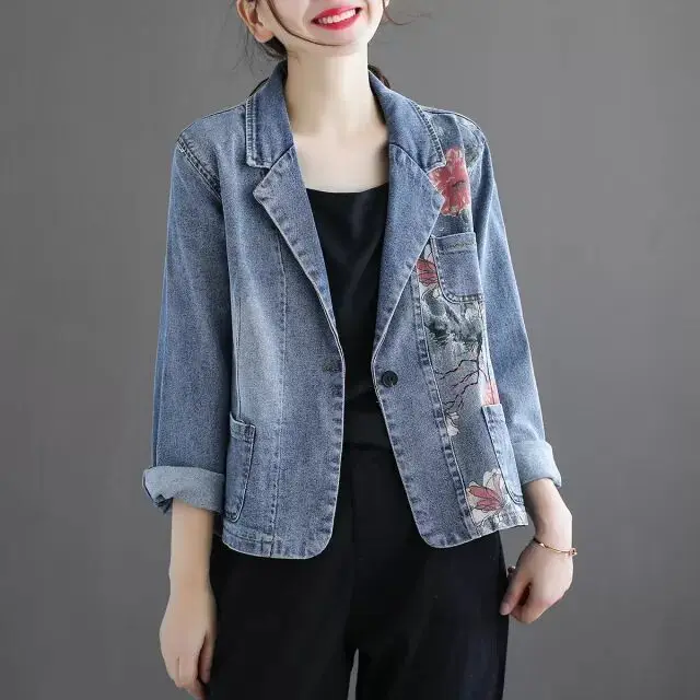 

2021 Autumn Female Vintage Denim Jacket Women Printed Coat Female Loose Jeans Jacket Long Sleeve Casual Plus Size Outerwear Z439