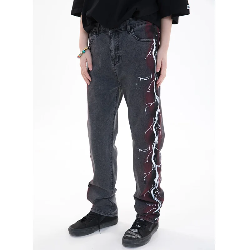

Men's slim-fit graffiti jeans skinny Harajuku street clothing denim trousers straight high street hip hop locomotive punk pants
