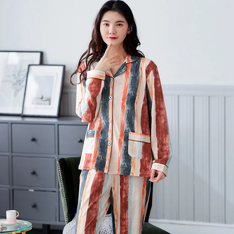 

Autumn Cotton Women Pajamas Set Long Sleeve Turn-down Collar Elegant Sleepwear Casual Soft Loose Plus Size Pyjama Female Pijamas