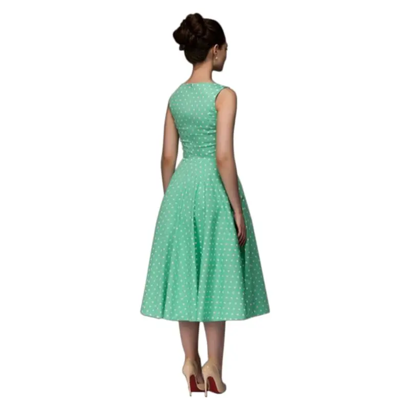 

Womens Summer Vintage Polka Dot Printed Sleeveless Swing A-Line Midi Dress Country Style Mid Empire Waist O-Neck Pleated 3 BX0A