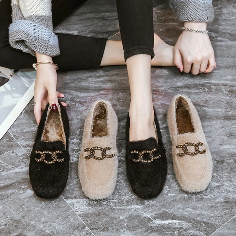 

Slip On Shoes For Women Round Toe All-Match Autumn Modis Loafers Fur Casual Female Sneakers Slip-on Moccasin Fall Winter New