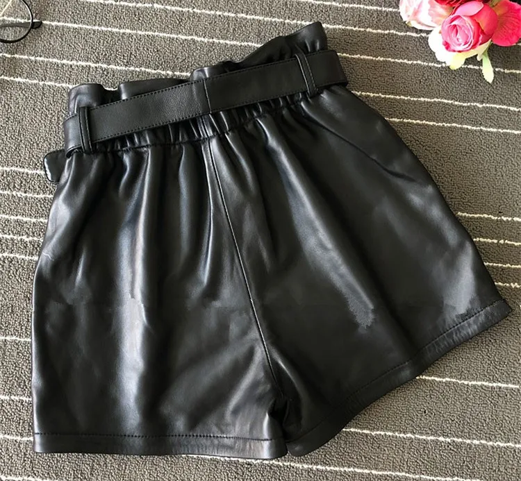 2019 Fall women high quality real leather Shorts Chic high-waist wide-leg short trousers A682 | Женская одежда
