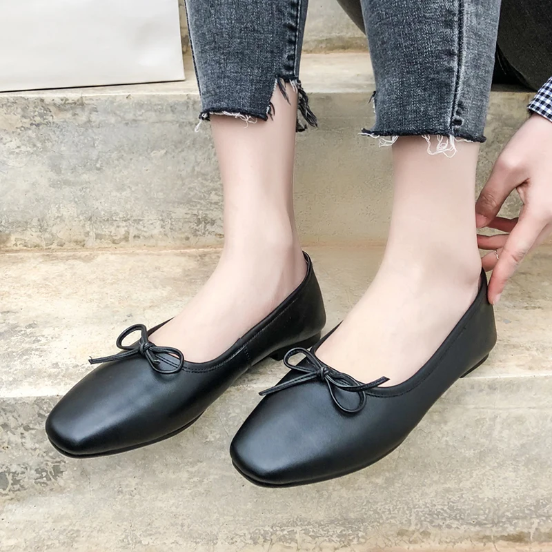3 цвета женские балетки из натуральной кожи без застежки с бантиком Мокасины