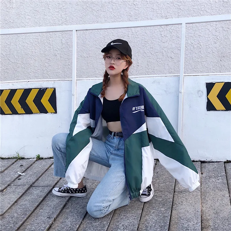 

Jackets Women Patchwork Color Loose Zippered Stand Collar Tracksuit Fashion Coats Hip Hop Female Streetwear Outwear