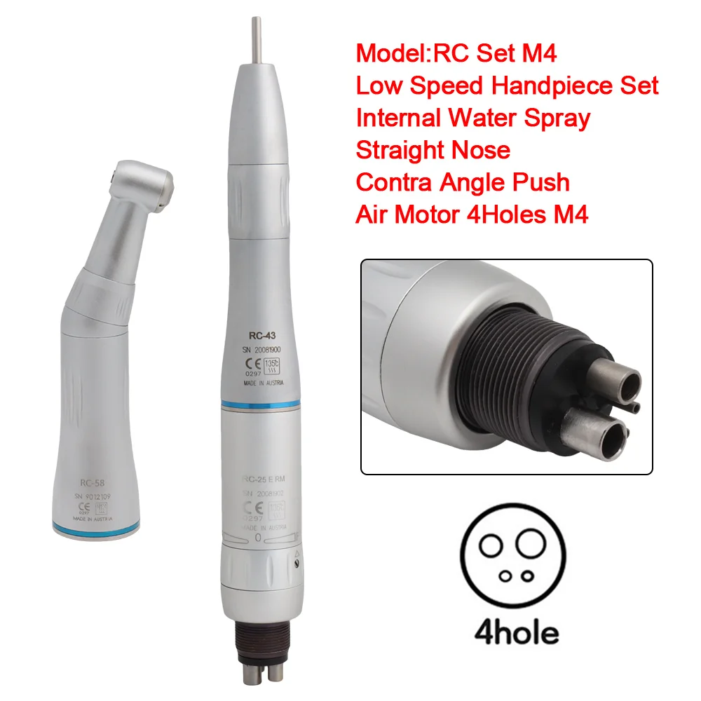 RC Dental Inner Low Speed Handpiece Set Internal Water Spray Straight Nose Contra Angle Air Motor 4 Hole M4 Air Turbine Inner