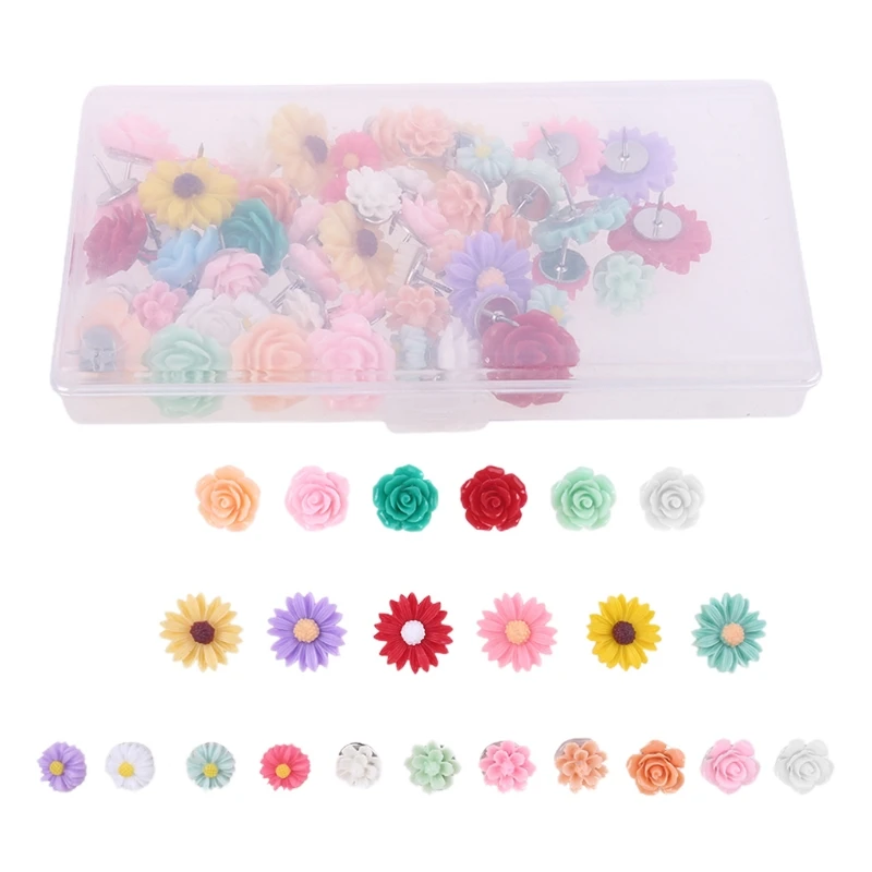 

50pcs Colorful Flowers Thumbtacks Floret Pushpins Wall Office Decorative for Whiteboard Photos Maps Bulletin Board 40JB