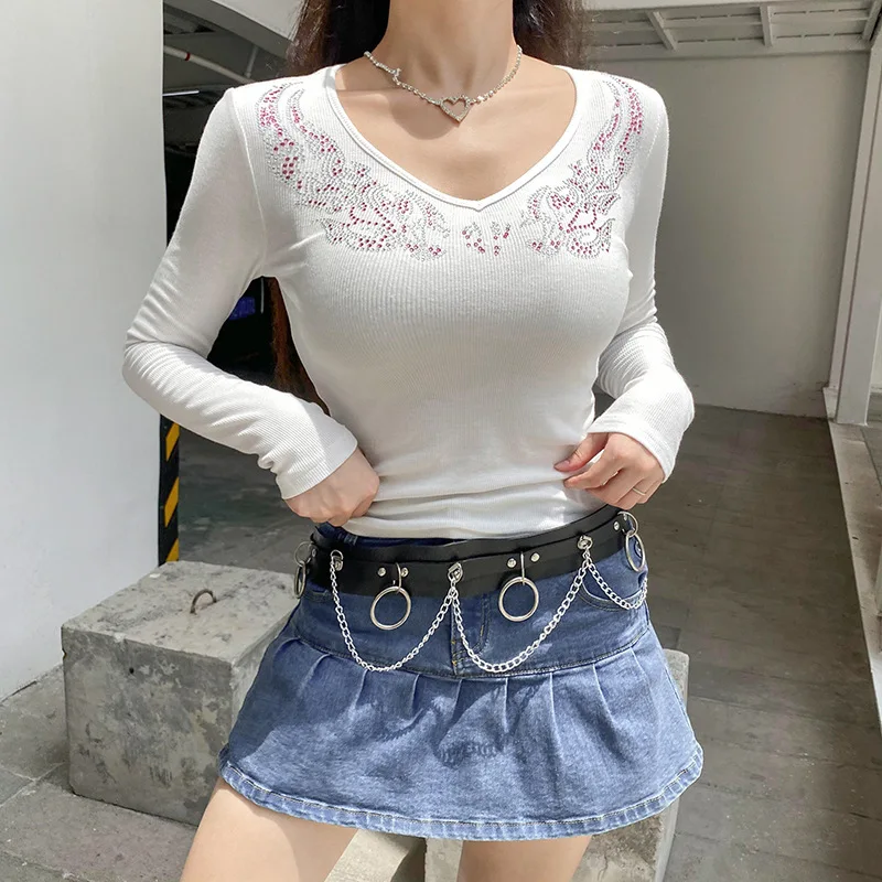 

Long Sleeve Harajuku Graphic Tees E-girl tops Flower Print Cute T-shirts Y2K Women Vintage 90s Aesthetic Woman tshirts graphic
