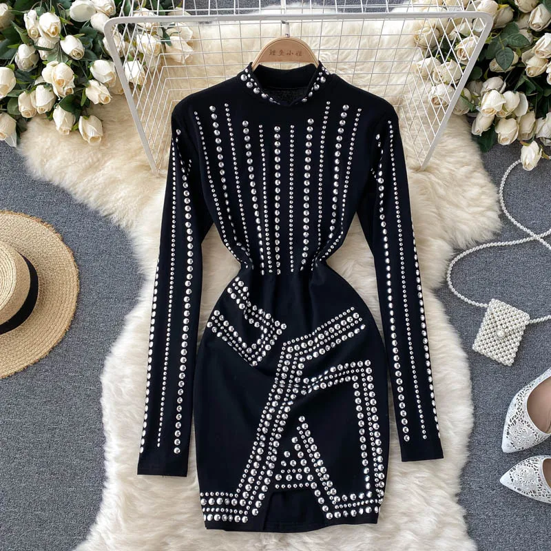 

YIZZHOY Spring Autumn Streetwear Short Dress Women Design Beading Dress Korean Fashion Long Sleeve Stand Collar Slim Dresses