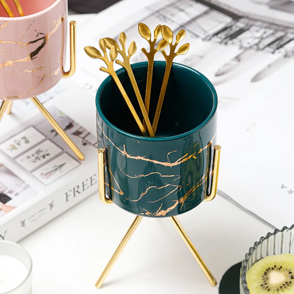 

1Set Nordic Style Fruit Forks Jar Ceramic Storage Jar with Rack Green Golden
