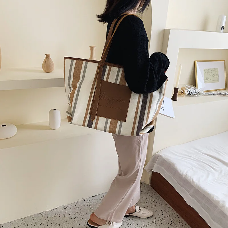 Новые женские холщовые сумки тоуты модные полосатые тканевые женская большая