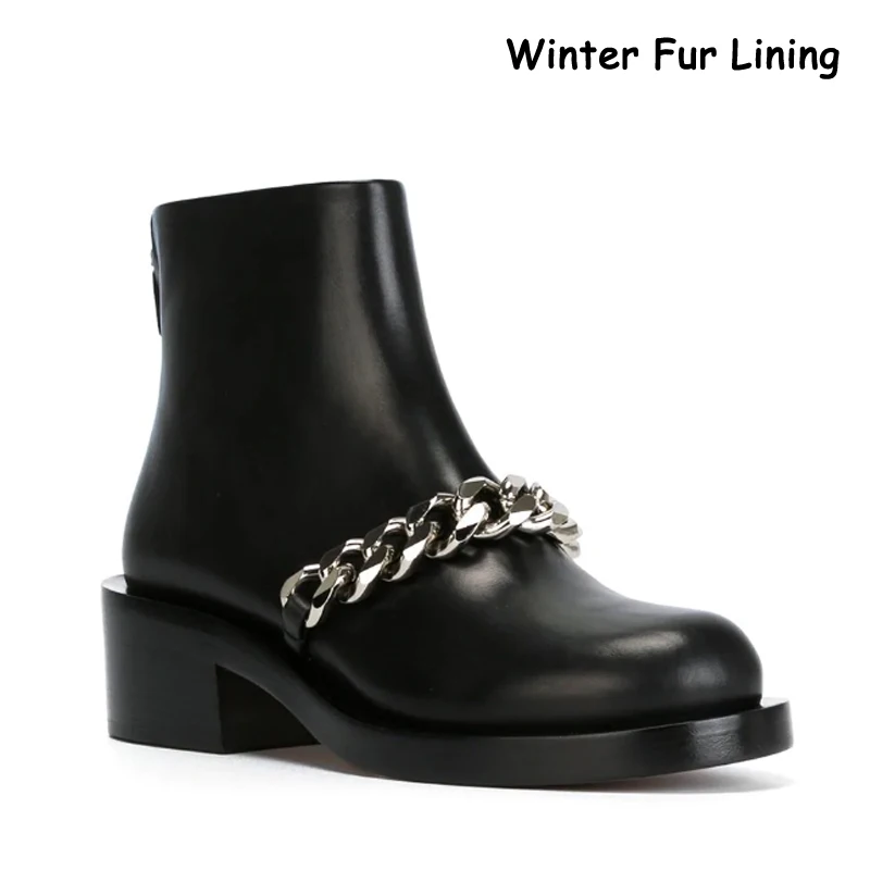 Fur Silver Boots Г., весенние женские ботильоны серебряная с золотом цепь, женская обувь осенние женские мотоботы на не сужающемся книзу массивном каблуке - Цвет: Fur Silver Boots