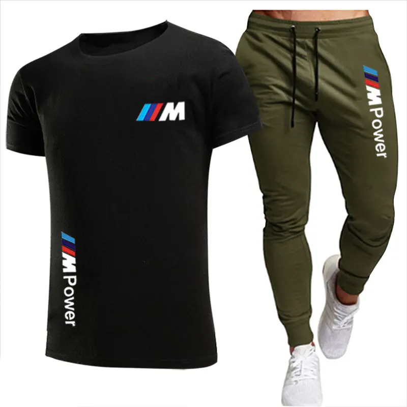 

2021 new BMW fashion casual sportswear summer letter printing suit men's jogging fitness clothes men's T-shirt + thin pants 2-pi