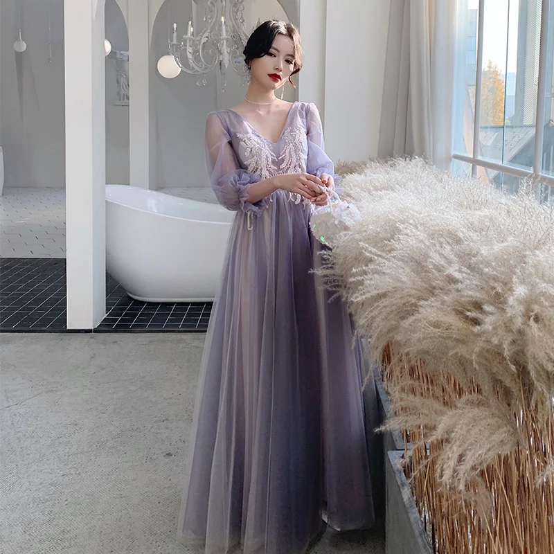 Вечерние платья подружки невесты длинные фиолетовые элегантные из тюля с
