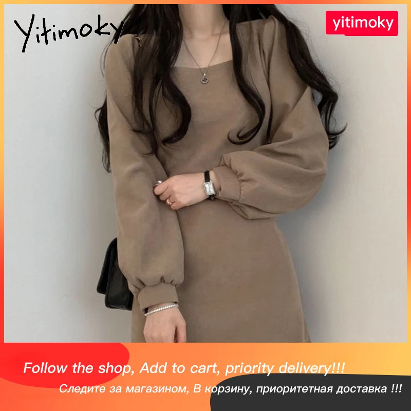 

Платье Yitimoky женское в Корейском стиле, шикарная одежда с длинным рукавом, а-силуэт, однотонное Повседневное платье с подкладкой, с высокой т...