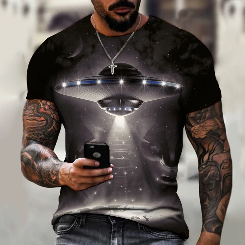 

Men's 2021 Summer New T-shirt Sci-Fi UFO Spaceship Outer Space Technology Personality Trend Oversized T-shirt 6XL